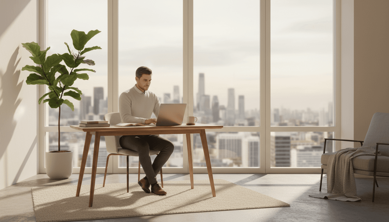 Professional man engaged in laptop session at modern desk with city windows, representing focused coaching work and personal clarity