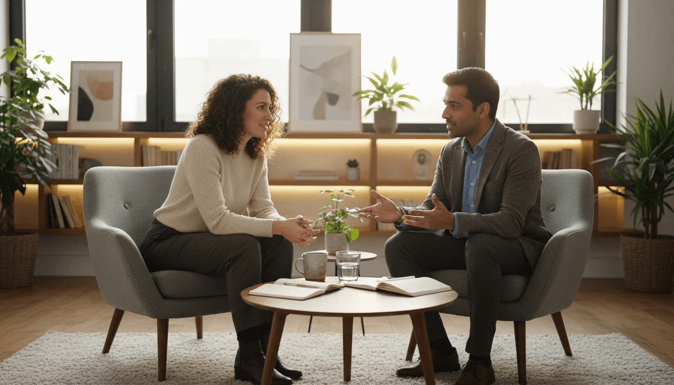 One-on-one coaching session between professional coach and legal client in bright modern office